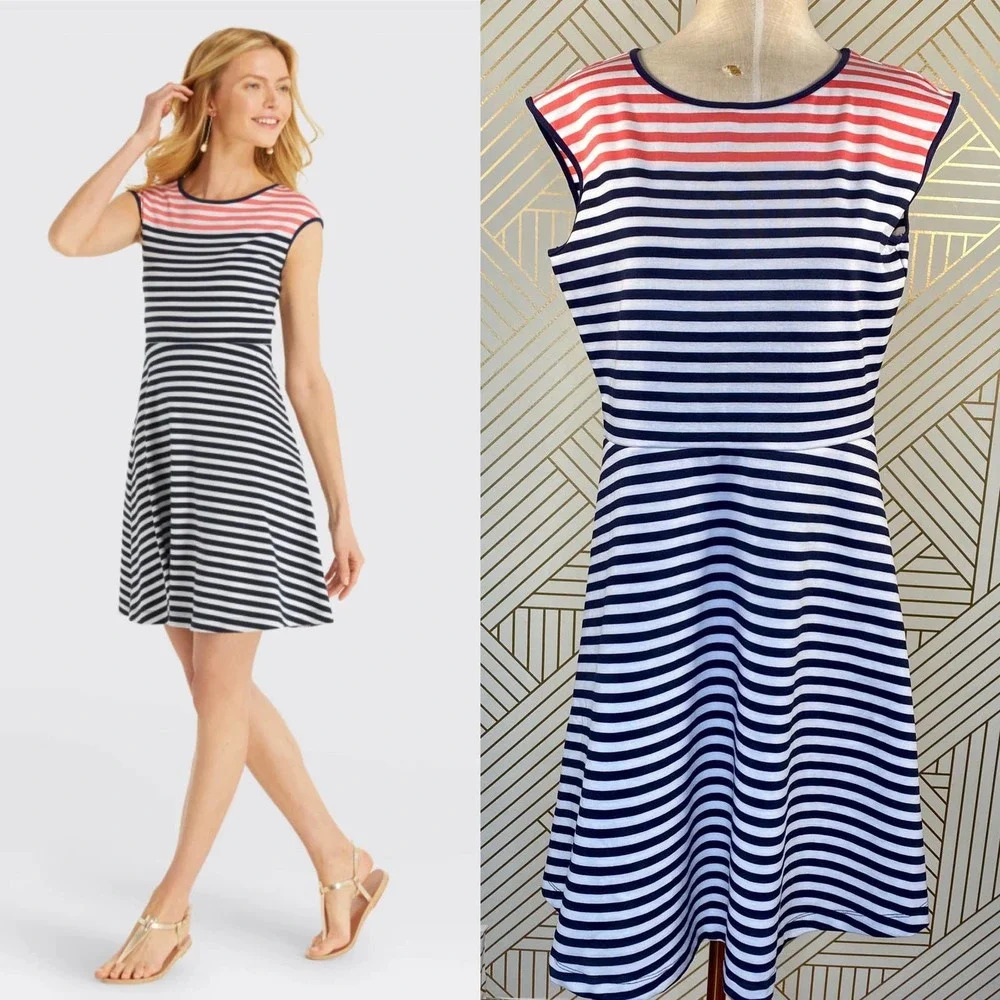 Draper James Stripe Ponte A-Line Dress Navy Coral